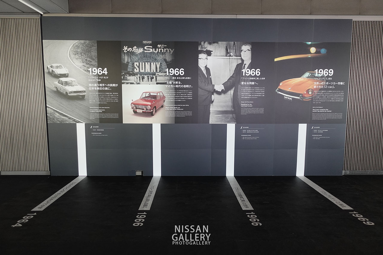 NISSANウォークでの日産自動車90周年の展示 壁面の展示